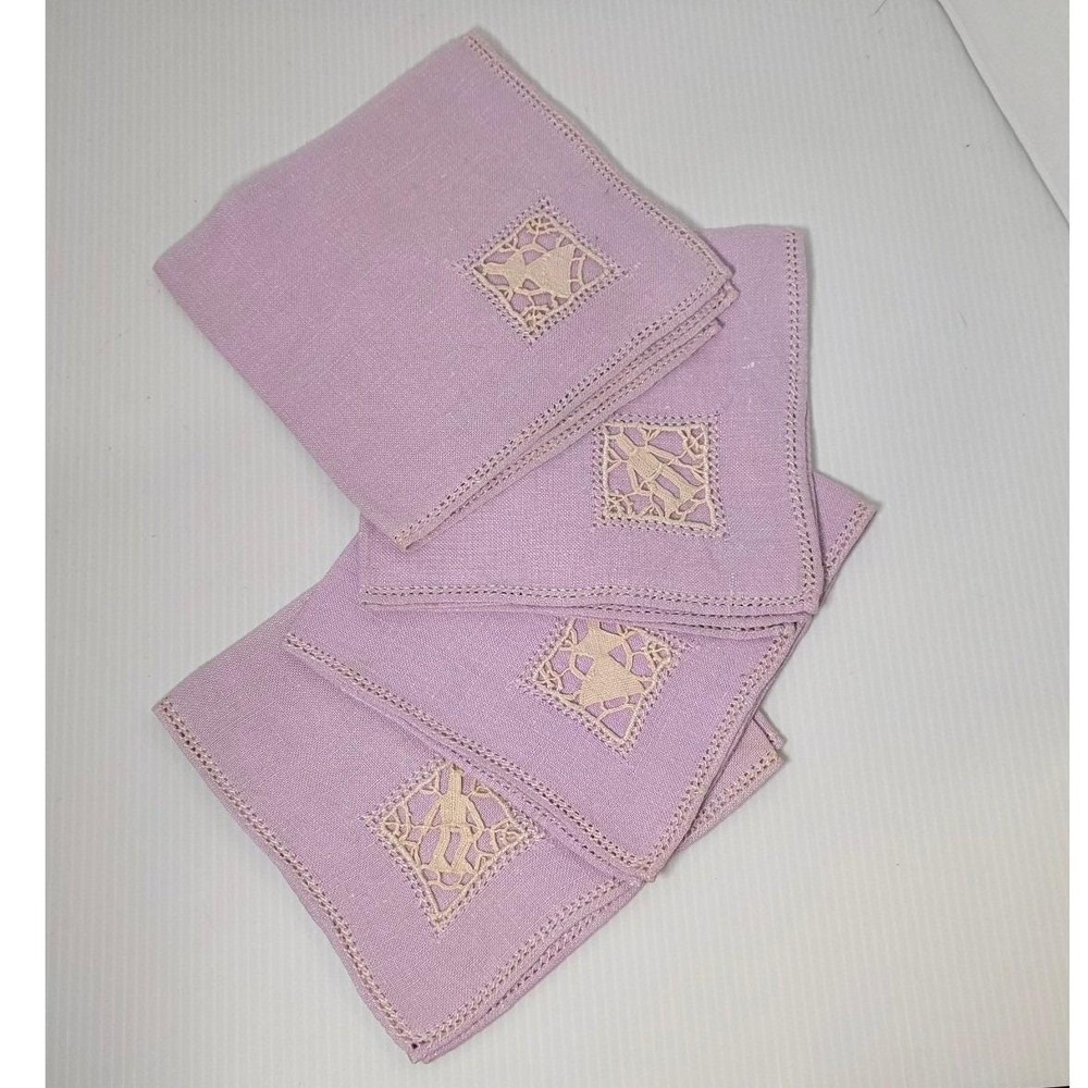 Vintage Purple Linens Napkins Set‎ of 4 Cutwork Inset Hemstitched